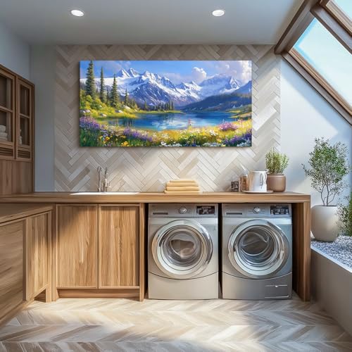 crmotu Nature Landscape Large Wall Art, Snow Mountain Lake Canvas Paintings, Meadow Wildflowers Art Prints, Rustic Chic Pictures Wall Decor Living Room Bedroom Farmhouse Cottagecore 30x60 Inch
