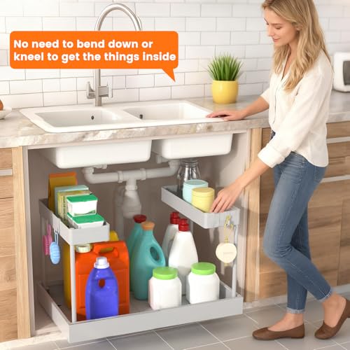 Timboniture Expandable Under Sink Organizers and Storage,Width Adjustable (14.9-23.6IN),No Drill 2-Tier Pull Out Under Cabinet Organizer for Kitchen Bathroom Laundry White — view 6
