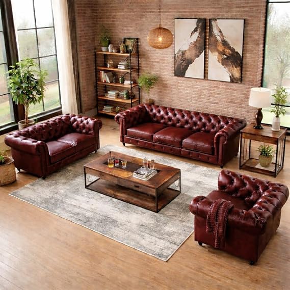 Image of A to Z Furniture Classic Sofa Set Luxury Chesterfield Leatherette Sofa in for Home Living Room & Office (3+2+1=6 Seater Sofa Burgundy)