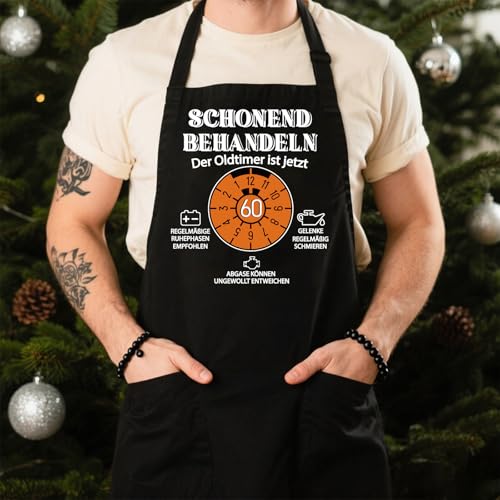 Grillschürze 60 Geburtstag Mann, Küchenschürze als Geschenk zum 60. Geburtstag, Kochschürze für Männer Frauen, Schwarz Schürze Wasserdicht mit Spruch: Schonend Behandeln der Oldtimer ist Jetzt 60