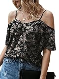 Verdusa Women's Casual Cold Shoulder Tops Short Sleeve Blouses Floral Black L