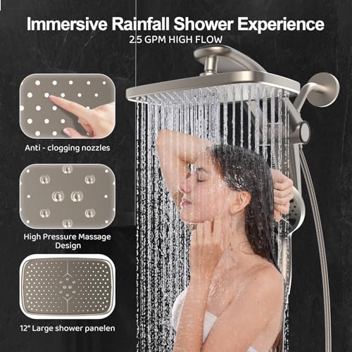 Rain Shower Head with Handheld High Pressure rainfall Shower Heads with Handheld Spray Combo Adjustable one-piece stand daul shower head Built-in Magnetic Docking and Power Jets - Thumbnail 6