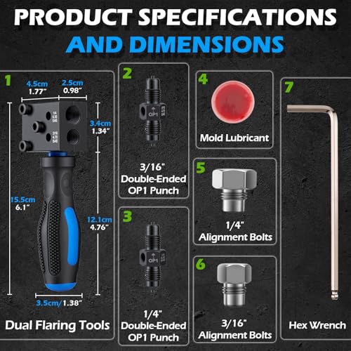 Image of Brake Line Flaring Tool Kit, 3 /16″ and 1 /4″ SAE Double Flare Tool for Brake Lines, Creates Single Double & Bubble Flares for Vehicle Brake & Hydraulic Lines (7-Piece)