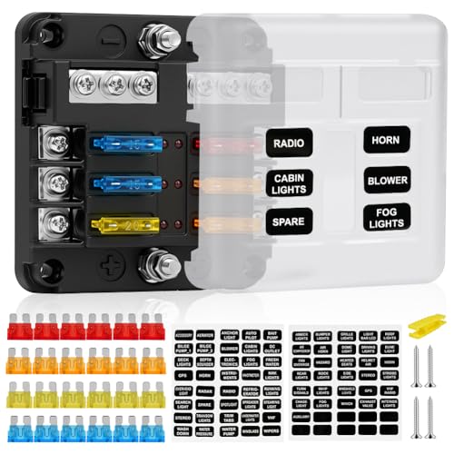 Flintronic 6 Way Fuse Box 12V Blade Fuse Block with Negative Bus ATC/ATO fuse-Box Holder with LED Indicator Protection Cover and 24 Fuses Suitable for Car Boat Marine Truck RV SUV Van (Square)