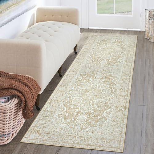 KUTA Runners for Hallways 2x6 Beige Yellow, Vintage Floral Kitchen Rugs Non-Slip Washable Runner Ultra Soft Printed Retro Distressed Entryway Carpet for Bedroom Laundry Nursery