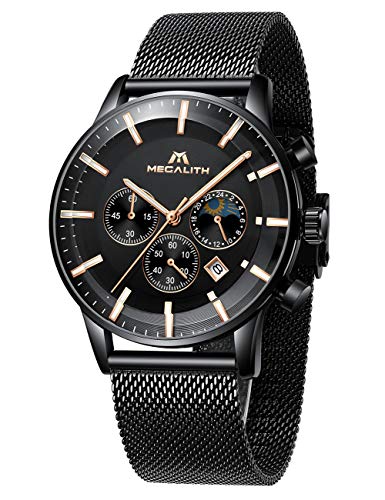 Preisvergleich Produktbild MEGALITH Herren Uhr Männer Chronographen Militär Wasserdicht Edelstahl Mesh Armbanduhr Mann Classic Business Datum Design Mond Phase Analog Uhren