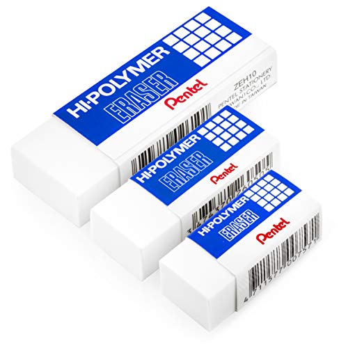 Hi-Polymer Plastic Rubbers Erasers - White - 1 of Each Size - Large/Small/Mini - Pack of 3