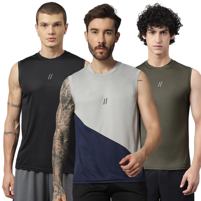 Image of ATICX Men's Polyester Sports Sleeveless T Shirt - Gym Vest, Workout Sando, Training Tank Top, Cut Sleeves Quick Dry Tee for Running, Swimming, Badminton, Fitness & Sports