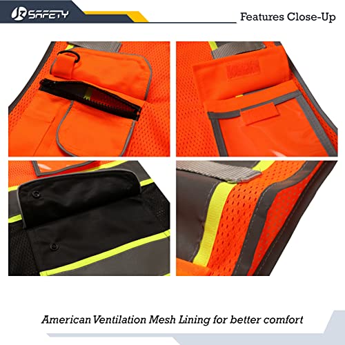 Image of JKSafety 9 Pockets Hi-Vis Fluorescent Color Mesh Reflective Safety Vest for Men Women | Chaleco de seguridad para hombres y mujeres (100-Orange-Black 5XL)