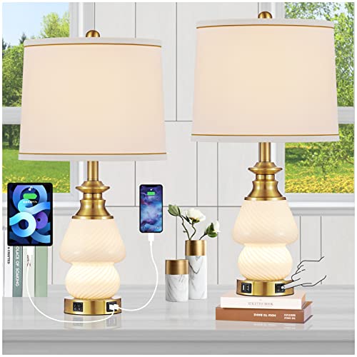 Kivditzo Glass Table Lamp Farmhouse Bedside Table Lamp Set Of 2 With Touch Control 3 Way Dimmable 2 Usb Ports Linen Shade For Living Room Reading Room Bedroom Home Office Etc (Bulbs Included) #TOP14