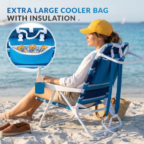Beach Chair 2 Pack, Silla de Playa Reclinable de Tela Mesh con 5 Posiciones, con Correas Mochila, Bolsa Térmica y Portavasos para Aire Libre miniatura 6