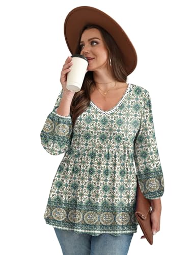 Image of OFEEFAN 3 /4 Length Sleeve Womens Tops 2026 Blouses for Women Dressy Casual Fashion Clothing V Neck Babydoll Tops Fall Outfits