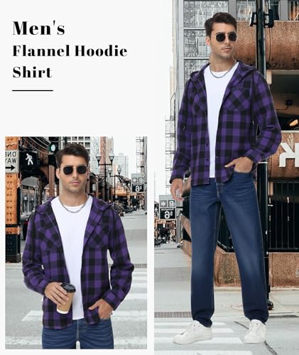 Hoodie Flannel Shirts for Men Long Sleeve Plaid Hoodie Jackets Shirts Casual Button Down Shirt with Pocket Purple — view 6