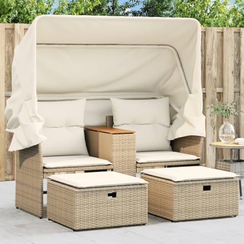 Xichuzi Gartensofa 2-Sitzer mit Dach und Hockern Beige Poly Rattan,...