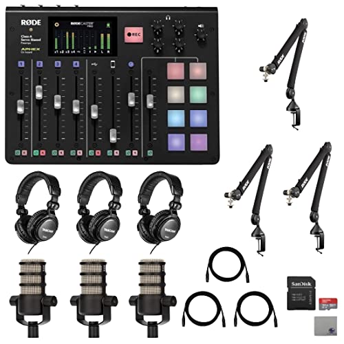 Rode RODECaster Pro with 3x Rode PSA1+ Microphone Boomarms, 3x Rode PodMic Dynamic Podcasting Microphone, TH-02 Studio Grade Headphones, 32GB microSD Card, XLR Cables and StreamEye Polishing Cloth
