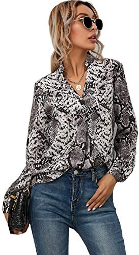 Alinfu Womenâ€™s Casual Chiffon Long Sleeve Blouse Shirts V Neck Printed Tunic Tops (Grey Leopard Printed, Small)