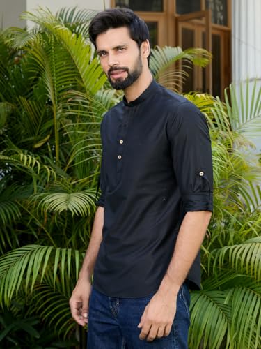 Image of See Designs Men's Roll-Up Sleeve Mandarin Collar Deluxe Cotton Solid Short Kurta (Pack of 2) - Festive Collection