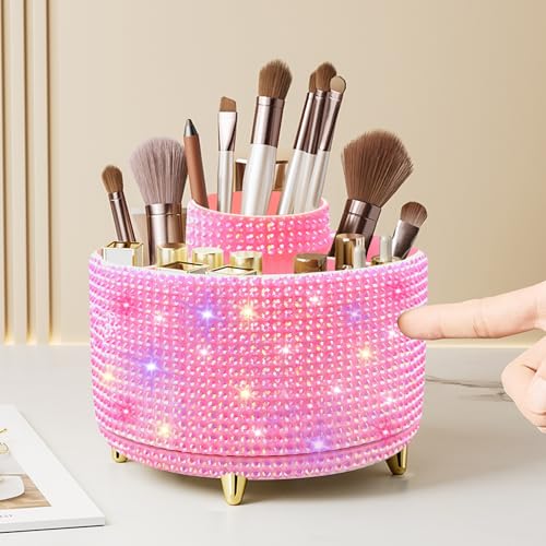 Image of Diesisa Bling Diamond 360 Makeup Brush Holder Organizer, Rotating Makeup Brush Organizer,5 Slot Make up Brushes Cup for Cosmetics, Vanity Desktop Organizer, Gift for Women Teen Girls- Diamond Pink