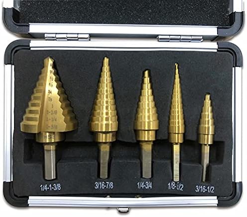 Reeson Step Drill Bits 5pcs 50 Sizes Unibit High Speed Steel Titanium Coated Double Cutting Blades for Sheet Metal Hole Drilling Cutting with Automatic Center Punch