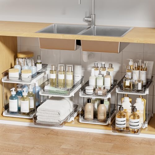 Image of Delamu 2-Tier Multi-Purpose Bathroom Under Sink Organizers and Storage, Stackable Kitchen Pantry Organization, Pull Out Medicine Cabinet Organizer with Movable Dividers, Grey, 4 Pack