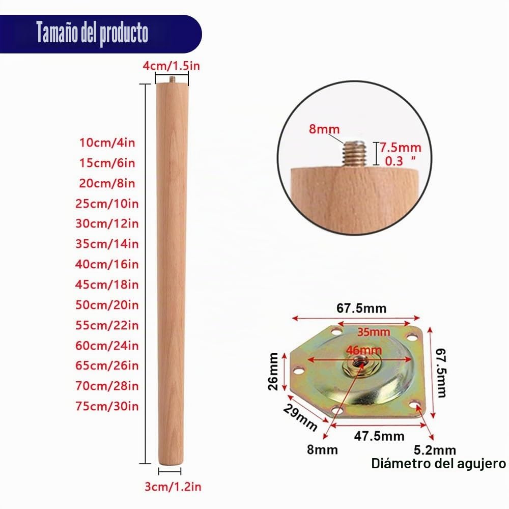 Juego De 4 Patas De Muebles De Madera 20 40 60cm Patas para Mesa De Centro Cónicas, Patas De Repuesto Inclinado para Somier Sillas Sofás Gabinetes(60cm/24in)