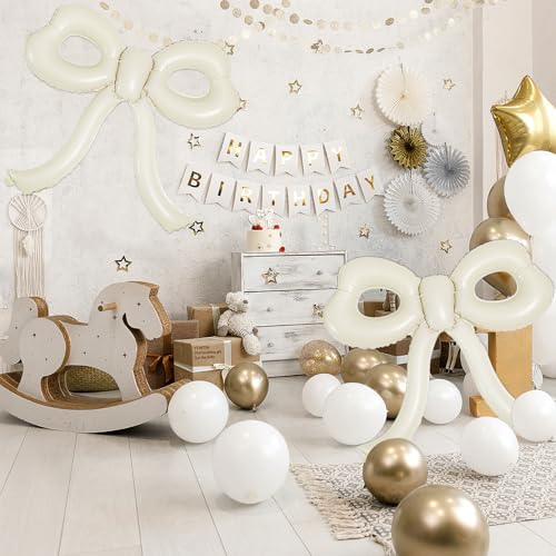 Image of 4 Pcs Bow Birthday Decorations Cream Bow Balloons for Girl Women Bow Themed Party Decorations Giant Foil Beige Balloons for Birthday Baby Shower Gender Reveal Wedding Decor Party Supplies
