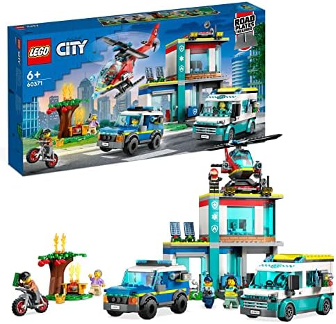 LEGO 60371 City Emergency Vehicles HQ Set with Fire Rescue Helicopter Toy, Ambulance, Motorbike and Police Car Toys, Gift for Boys & Girls Age 6 Plus