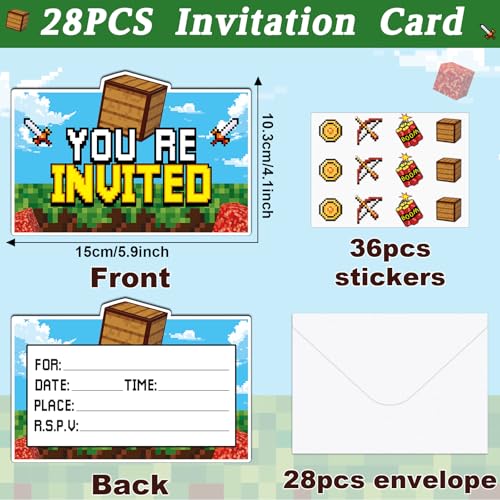 Mining Pixel Party Invitations - 28 Pack