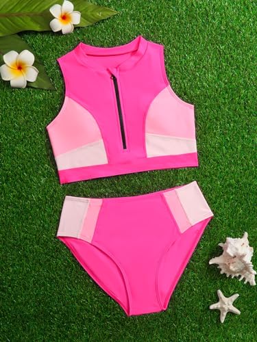 Image of COZYEASE Girls' 2 Piece Swimsuits Colorblock Zipper Front Cute Bikini Set High Waisted Bathing Suit Hot Pink 11 Years