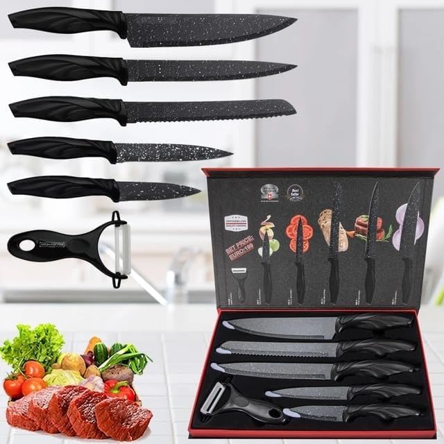Raawan 6 Pcs Kitchen Knife Set with Peeler|High Carbon Stainless Steel Black Colour Coated Chef Knife|Utility Knife | Non-Slip Grip Handle| Meat Knife|Paring Knife|Sontuku Knife | Bread Knife (B0DB8WF9RF) Amazon Price History, Amazon Price Tracker
