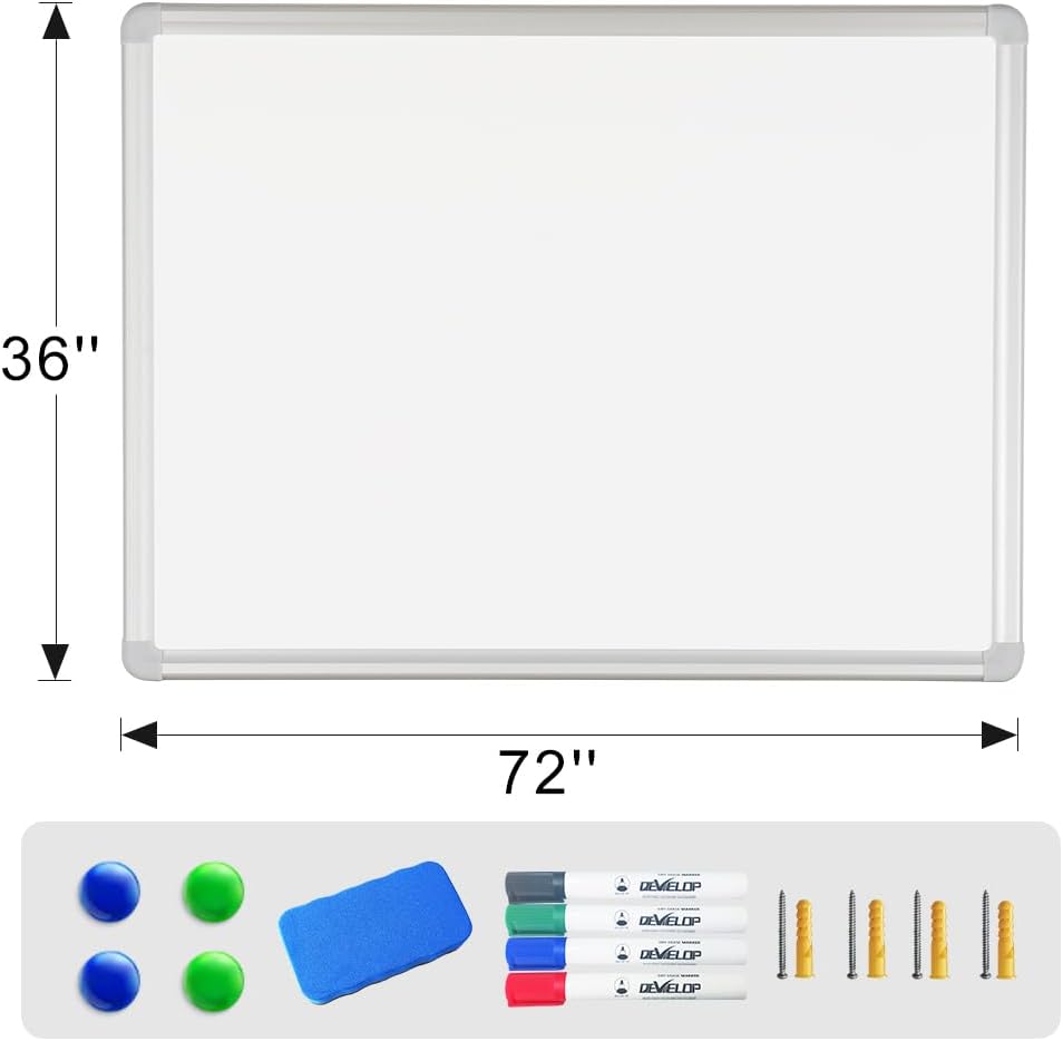DEVELOP Large Magnetic Dry Erase Board 36 x 72 Inch, Wall Mounted Whiteboard with Aluminium Frame & Detachable Marker Tray 3' x 6', Magnetic White Board for Home School Office