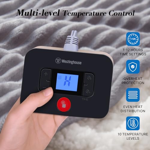 Westinghouse Full Size Heated Blanket, Soft Flannel to Sherpa Reversible, Electric Blanket Full with 10 Heating Settings & 1-12 Hours Auto Shut Off, Machine Washable, (72" x 84", Light Grey)