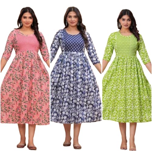 Floral Print Cotton Maternity Feeding Kurta Dress, 3/4 Sleeve, Pink Blue Green, Pack of 3