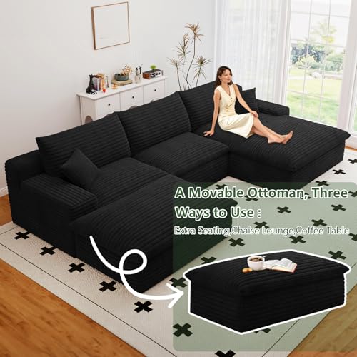 Image of 107 inch Cloud Couch Modular Sectional Sofa for Living Room, U-Shape Boneless Couch with Deep Seat, Modern Corduroy 3-Seater with Ottoman, No Assembly Required (Black,Right-Facing Chaise)