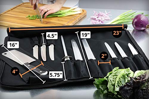 Chef’s Knife Roll Bag (14 Slots) Holds 10 Knives Plus Meat Cleaver, Utility Pocket, And 4 Tasting Spoons! Our Durable Knife Carrier Includes Shoulder Strap And Name Card Holder. (Knives Not Included) #TOP3