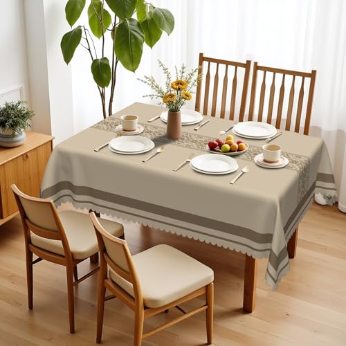 Xiazhilaio Boho Farmhouse Rustic Neutral Striped Geometric Polyester Rectangle Tablecloth Table Cloth Waterproof Wipeable Wrinkle Free Oblong Tablecloth for Kitchen Dining Patio, 55 x 70 Inch, Brown