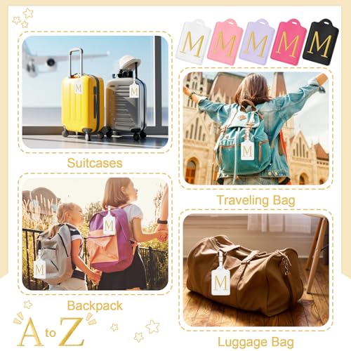 Image of Personalized Initial Luggage Tags for Suitcases, Cute PU Leather Embroidered Letter Travel Luggage Tags, Suitcase Identifier Name Baggage Tag, Bag Tags for Men Women Kids Luggage Handbags(White M)