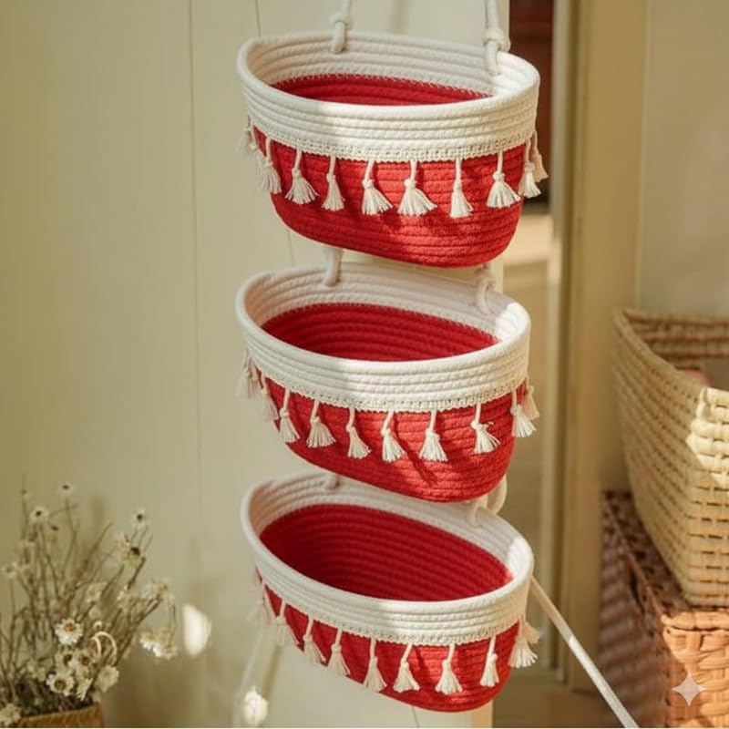 3 Tier Hanging Storage Basket Set – Cotton Rope Wall Hanging Organizer with Tassels | Multi-Purpose Decorative Storage for Kitchen, Bathroom, Bedroom | Space Saving (Red & White, 3 Pieces