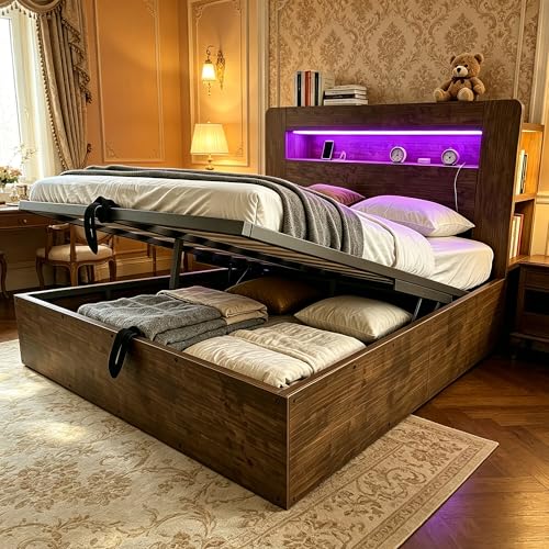 Ktipm Camas Juveniles Cama 140x200 cm con Enchufe y USB, Camas Matrimoniales con LED y Cabecero de Almacenaje, Cama Doble con Almacenamiento Hidráulico, Somier de Madera, Sin Colchón, Madera Vintage