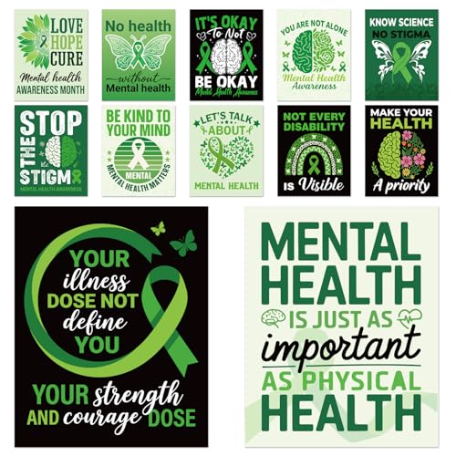 EUOYUFO 12Pcs Mental Health Awareness Posters May Mental Health Month Party Decorations Psychological Well Being Ribbon Poster Wall Supplies for School Classroom Therapy Offices