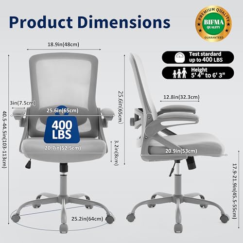 Image of Ergonomic Office Chair, Desk Chair with Adjustable Lumbar Support, Breathable Mesh Comfy Computer Chairs with Flip-up Armrests Executive Task Chair for Adults Home Office (Gray)