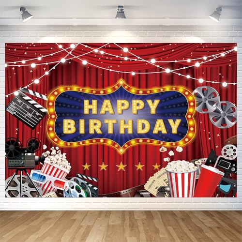 Movie Night Happy Birthday Backdrop Decorations Banner Movie Night Photo Background for Home Indoor Outdoor Birthday Party Decorations Supplies 70.8 x 47.2 Inch by DuftGu - Used condition - US$7.72