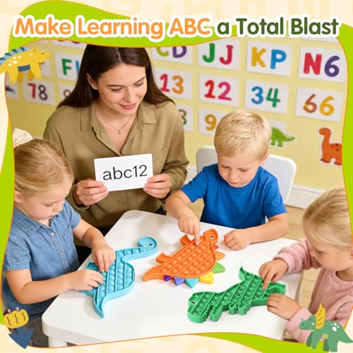 3 Pack Pop Fidget Toy Its with Alphabet, Sensory Fidget Poppers ABC Learning Toys for Kids, Silicone Dinosaur Pop Anxiety Stress Relief it Game for Classroom (Multiple Colors Dinosaur) - Image 4