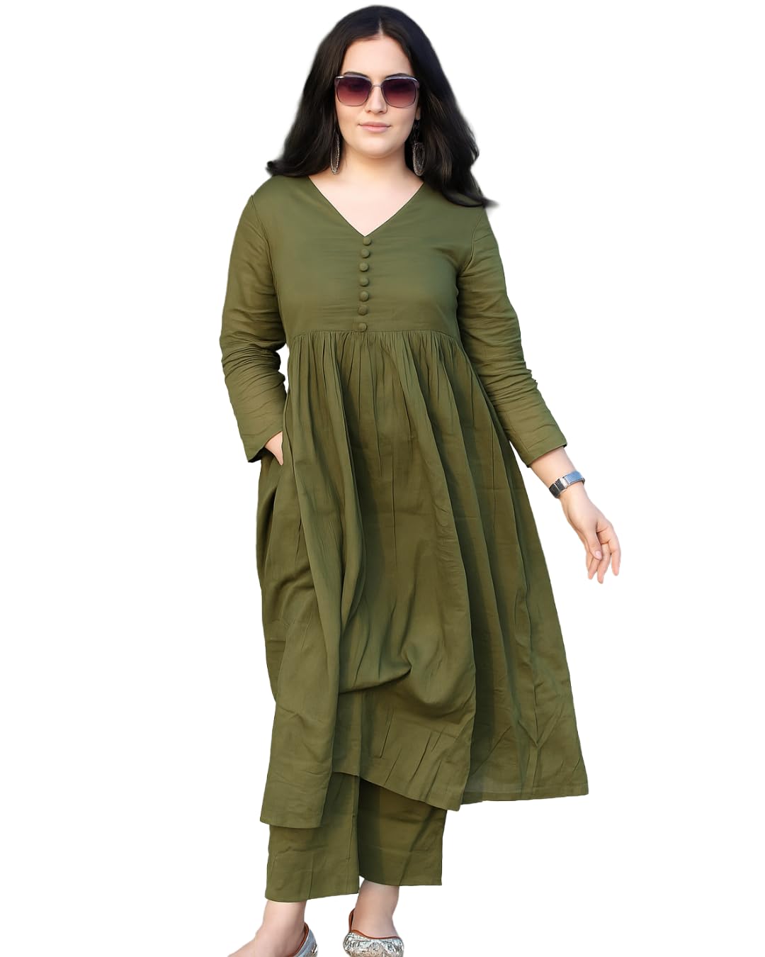 Women's Long Flared V-Neck with Button Details Anarkali Shape, Empire Waist,Kurta Pant Set | Casual Outfit for Office Wear Three-Quarter Sleeves