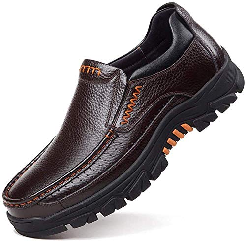 Mens Casual Genuine Cow Leather Waterproof Comfy Non Slip Soft Slip On Oxfords Sneakers(Coffee,9)