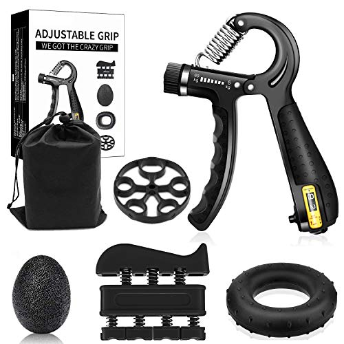 Hand Grip Strengthener Workout Kit (5 Pack), 11-132 Lbs Adjustable Resistance Smart Counting Forearm Grip Exerciser, Finger Exerciser, Finger Stretcher, Grip Ring, Stress Relief Grip Ball