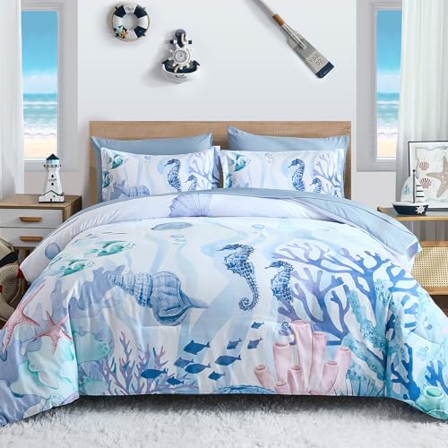 Coastal Comforter Set Queen, Coral Beach Themed Comforters Diving Deep