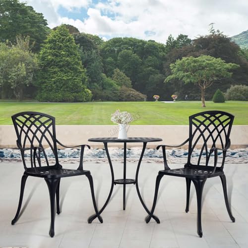 BIRCHTREE 3PCS Vintage Ornate Cast Aluminum Bistro Dining Set Outdoor Garden Patio Furniture Round Table & 2 Chairs with Umbrella Hole Waterproof Black