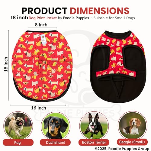 Image of Foodie Puppies Dog Winter Jacket - (Dog Printed, 18 Inch) for Small Dogs | Ultra Warm Waterproof & Windproof Coat | Adjustable Velcro Closure, Washable Vest for Cold Weather I