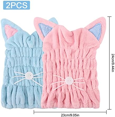 2 Pcs Dry Hair Hat Hair Drying Towels for Women Quick Drying Bath Cap Microfiber Dry Hair Cap Quick Drying Hair Wrap with Cute Cat Ears Super Absorbent Coral Fleece Hair Towel for Women Kids Girls